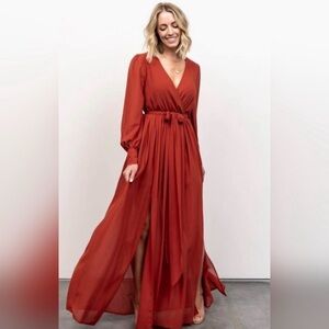 Baltic Born NWT Women's Sz S Rust Maxi Dress‎ Long Sleeve V Neck Elastic Waist